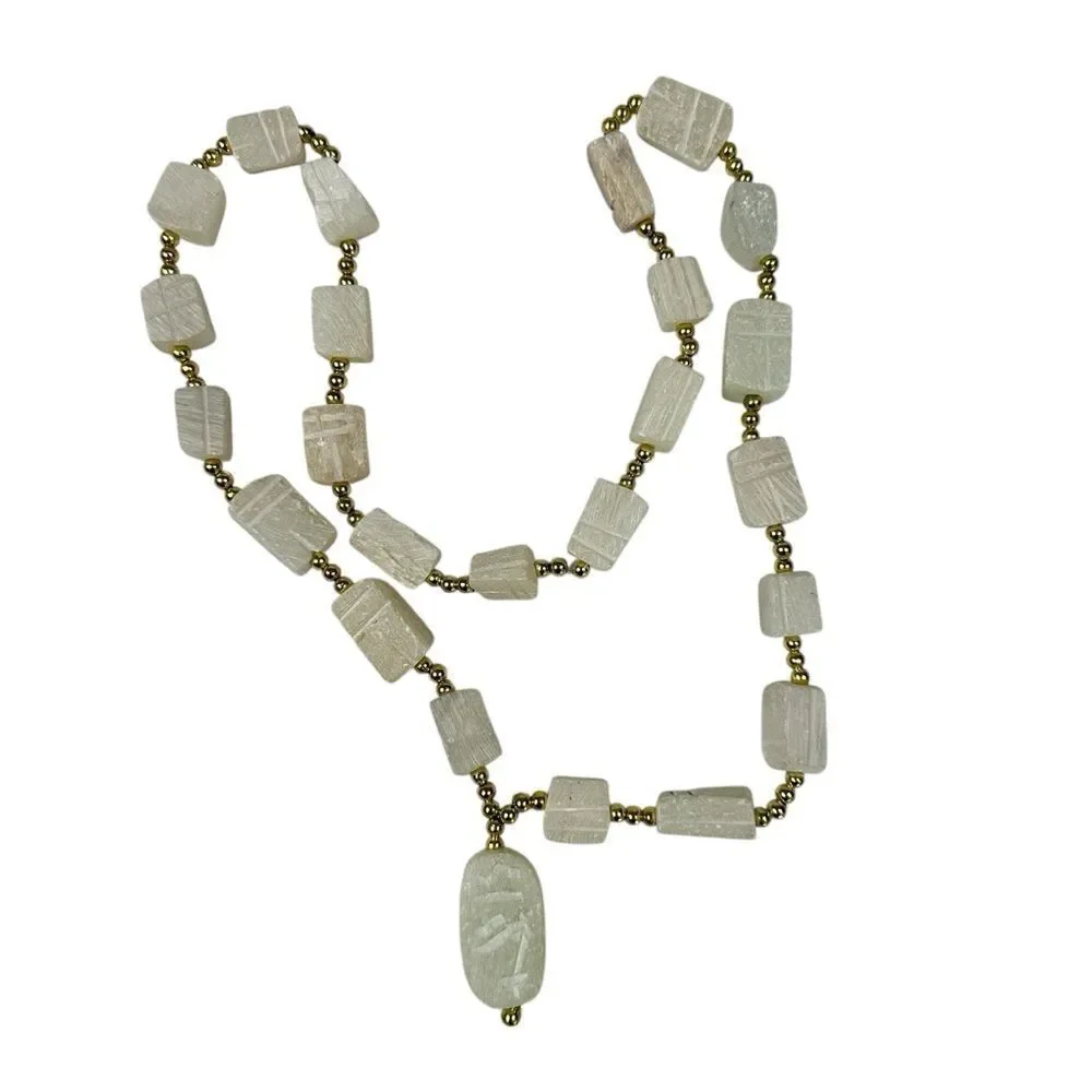 Vintage Egyptian Carved Scarab Beetle Pendant Necklace White Gold Bead Soapstone